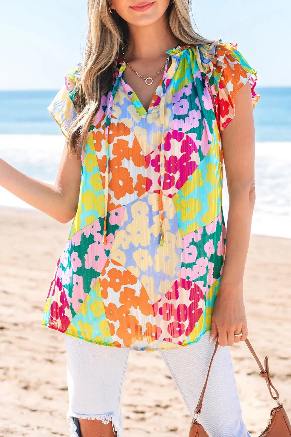 Multicolour Leopard Flutter Sleeve V Neck Crinkled Blouse - Love Salve